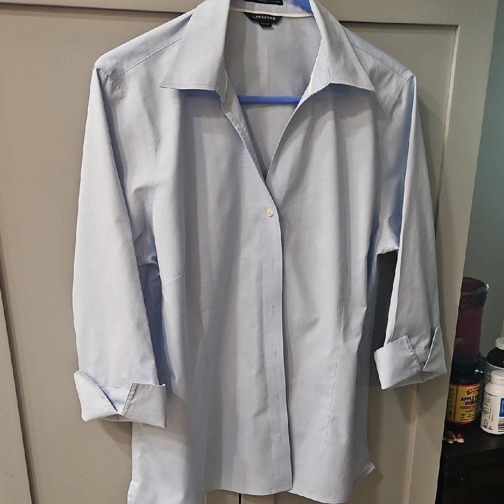 Lands' End Women's No Iron Pinpoint Oxford Blue Dress Shirt